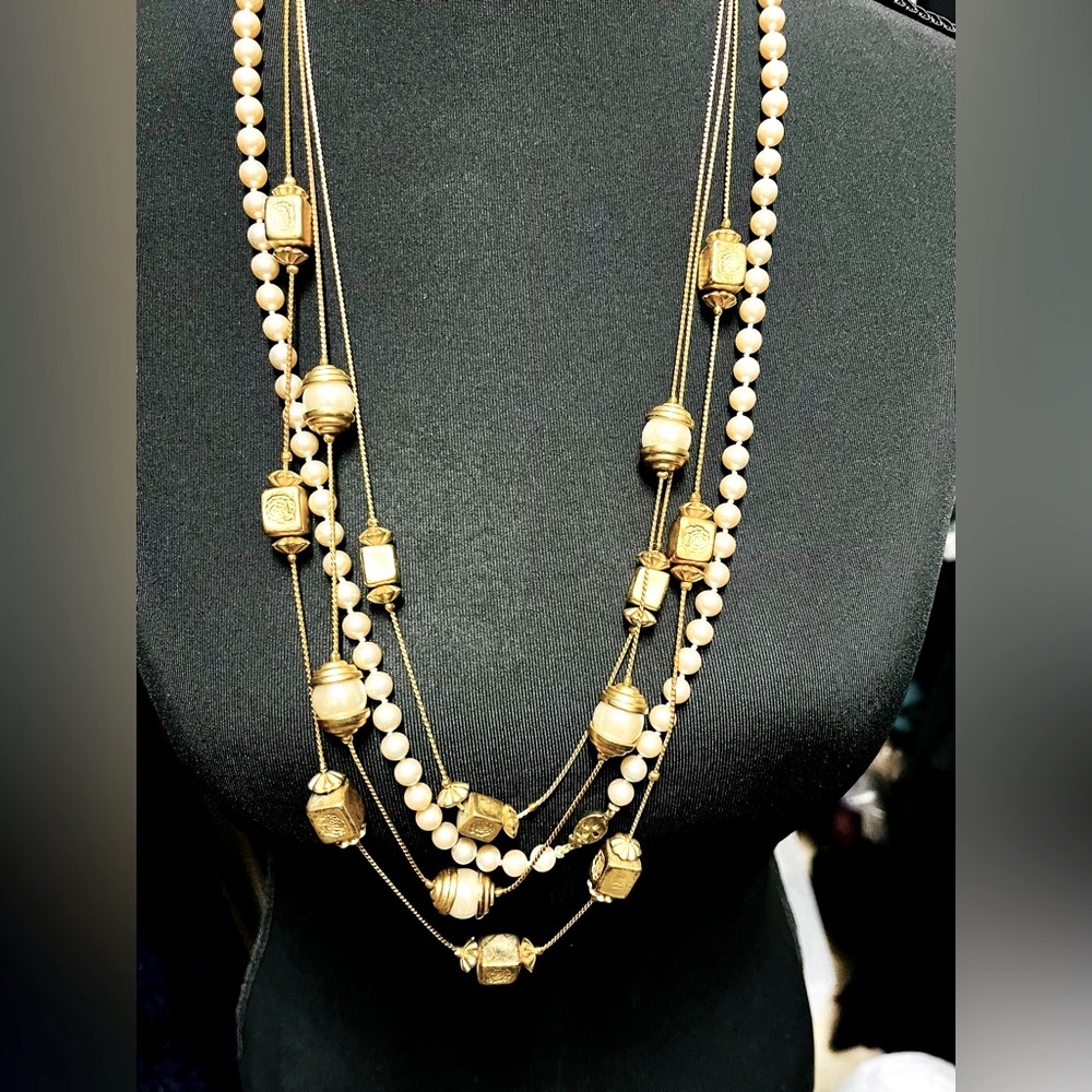 Vintage Gold and Cream Multi-Strand Necklace with Pearls